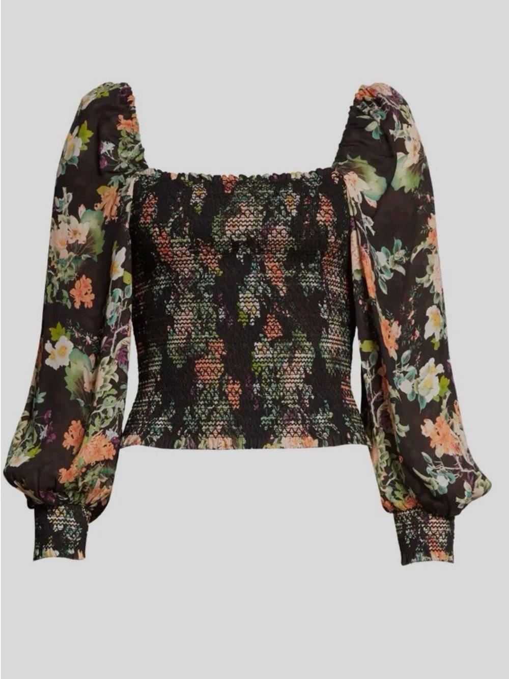 Alice + Olivia Black Floral Smocked Blouse